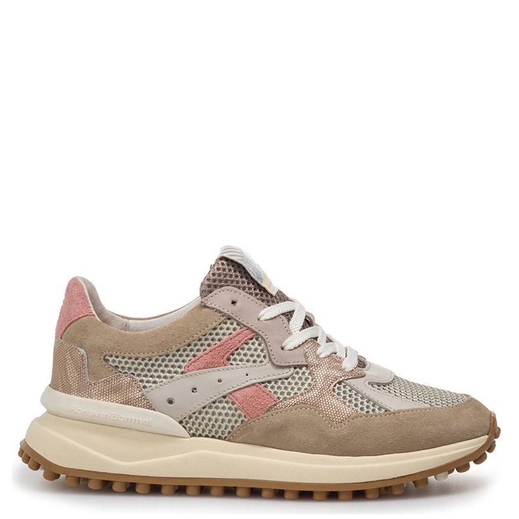 Taupe en roze dames Floris van Bommel leren sneakers met veters