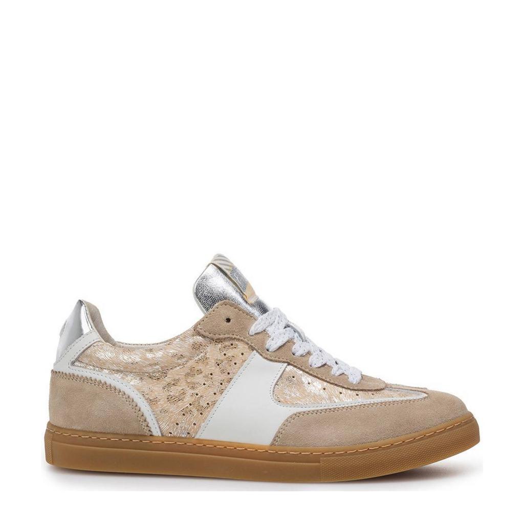 Taupe dames Floris van Bommel Minni 04.22 leren sneakers met veters
