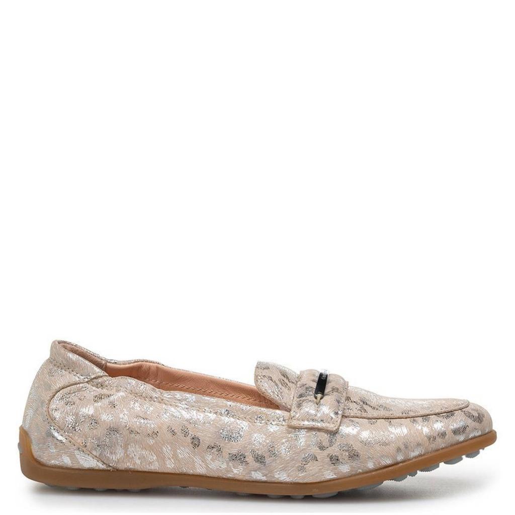 Beige en zilverkleurige dames Floris van Bommel leren loafers van metallic print