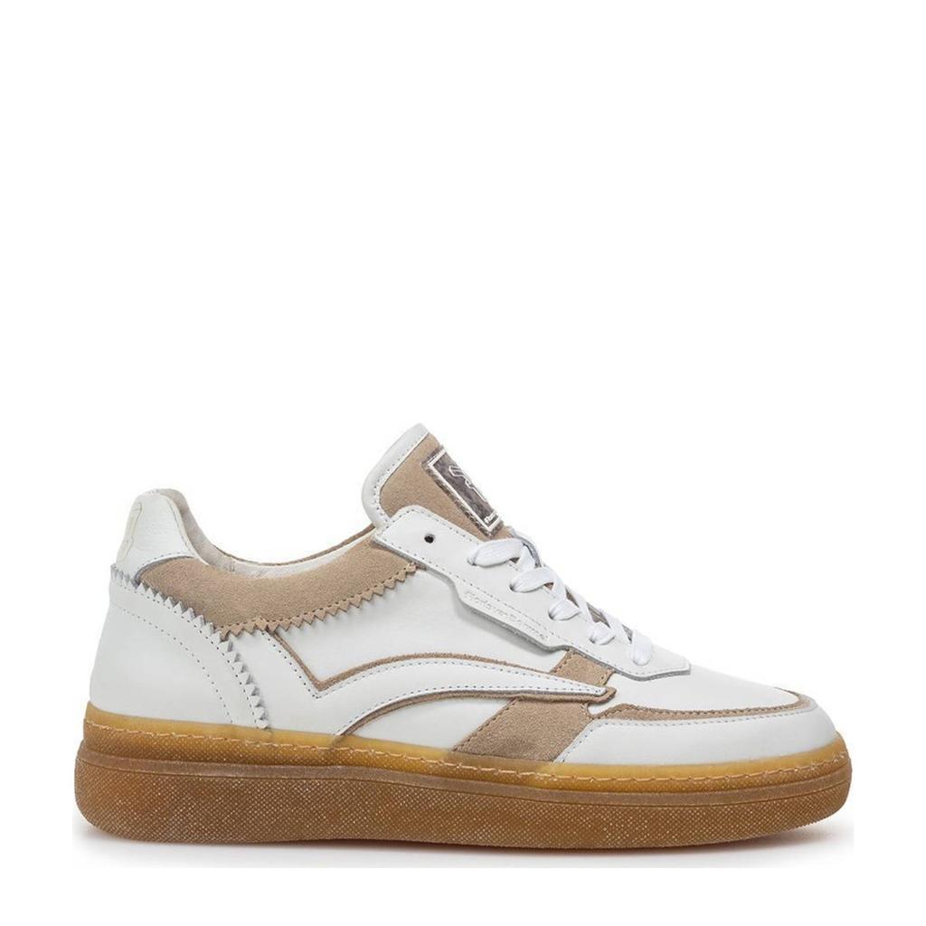 Wit en beige dames Floris van Bommel Fygi 01.01 leren sneakers met veters