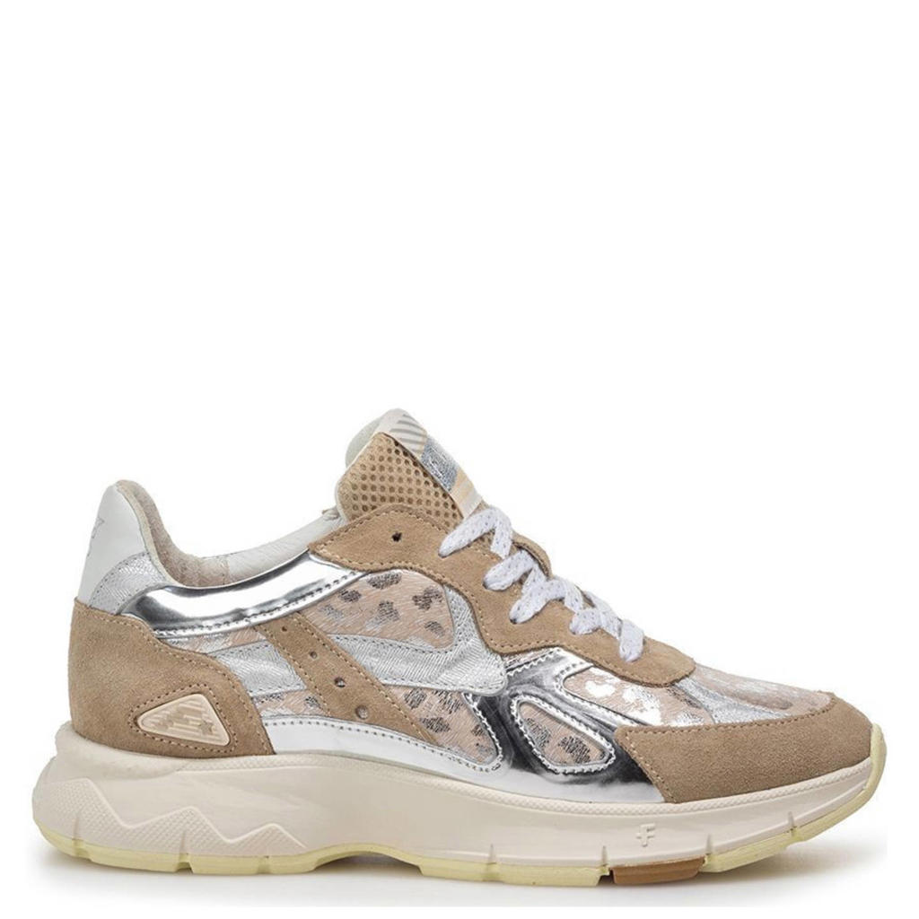 Taupe en zilverkleurige dames Floris van Bommel leren sneakers met veters