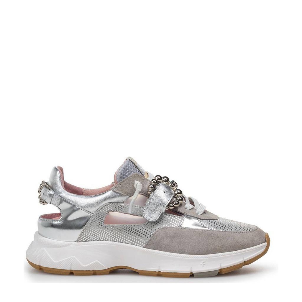 Zilverkleurige dames Floris van Bommel Daysi 08.02 suède sneakers met elastische veters