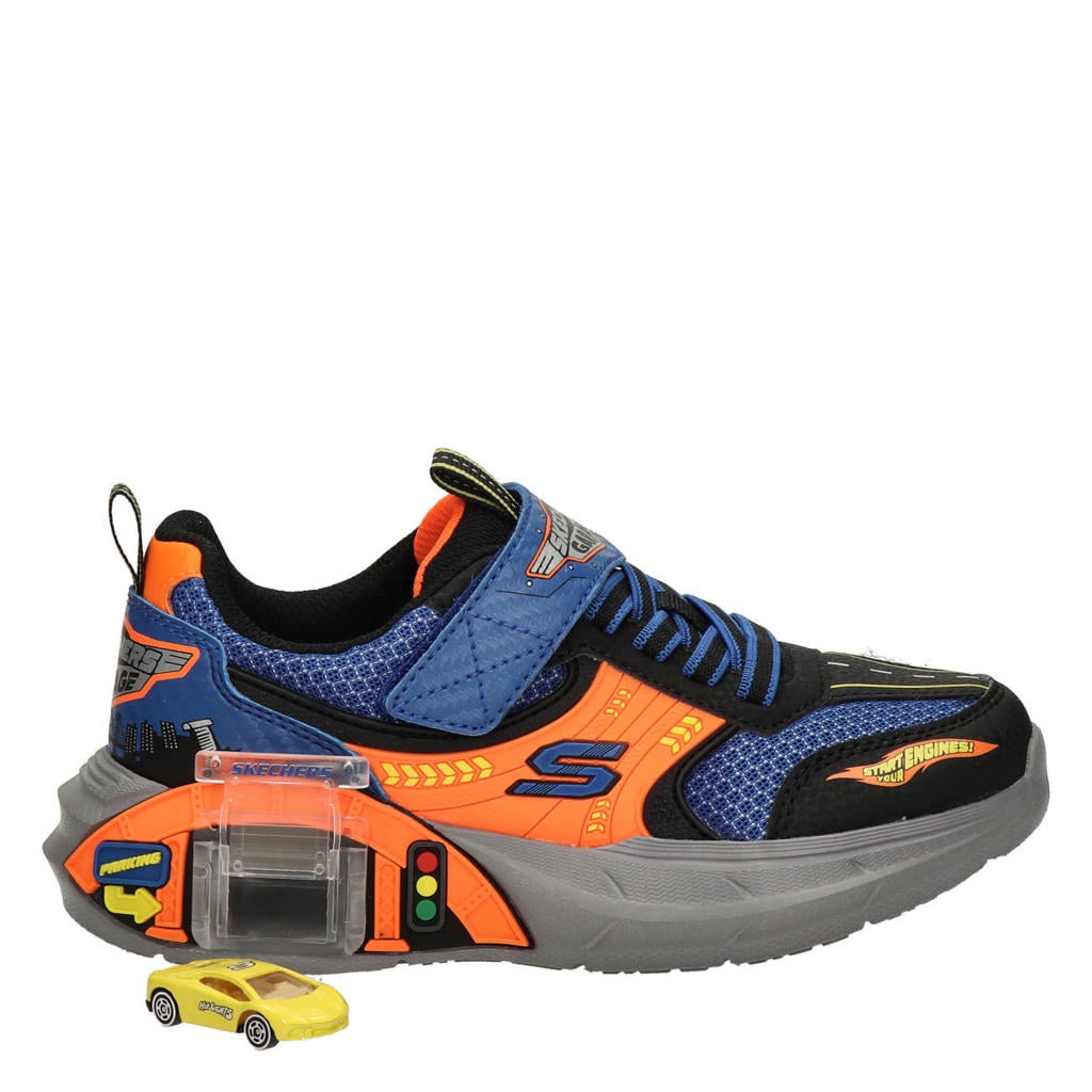 Antraciet en oranje jongens Skechers Garage sneakers met auto van nylon met klittenband