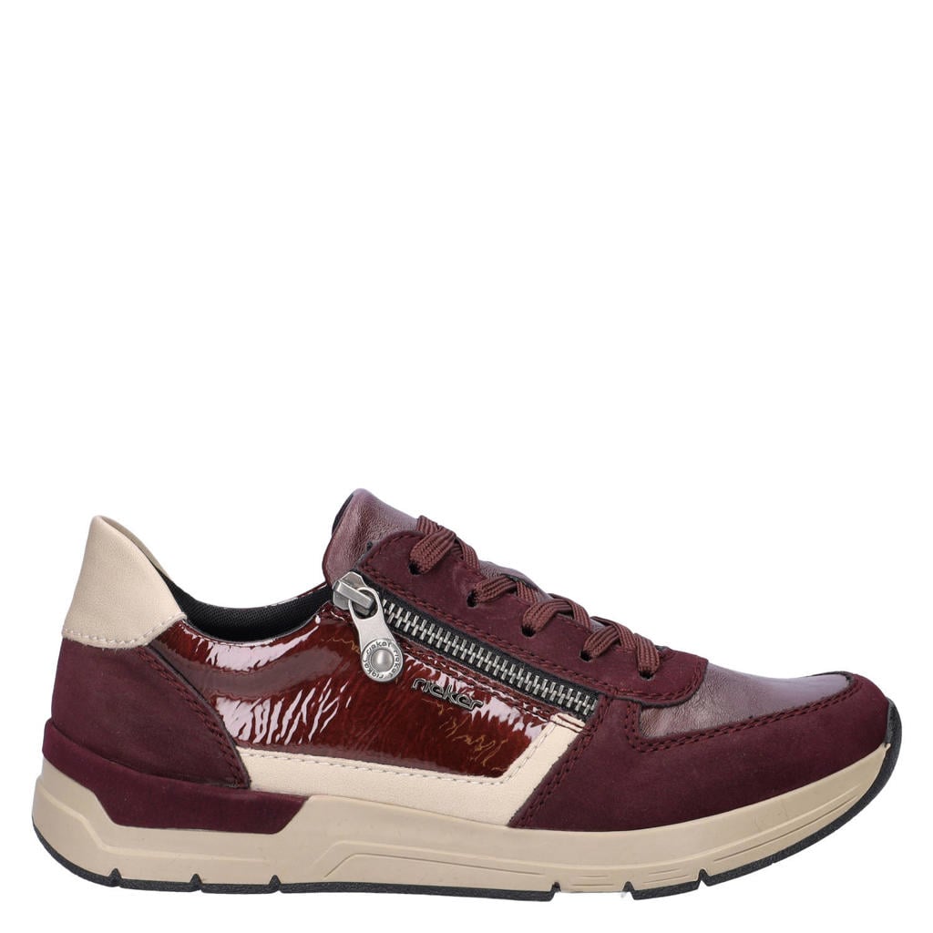 Bordeaux dames Rieker imitatieleren leren sneakers met rits- en vetersluiting