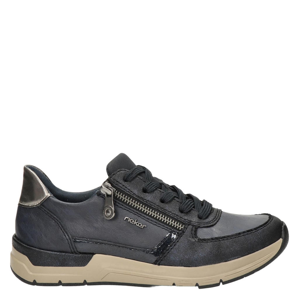 Donkerblauwe dames Rieker imitatieleren leren sneakers met rits- en vetersluiting