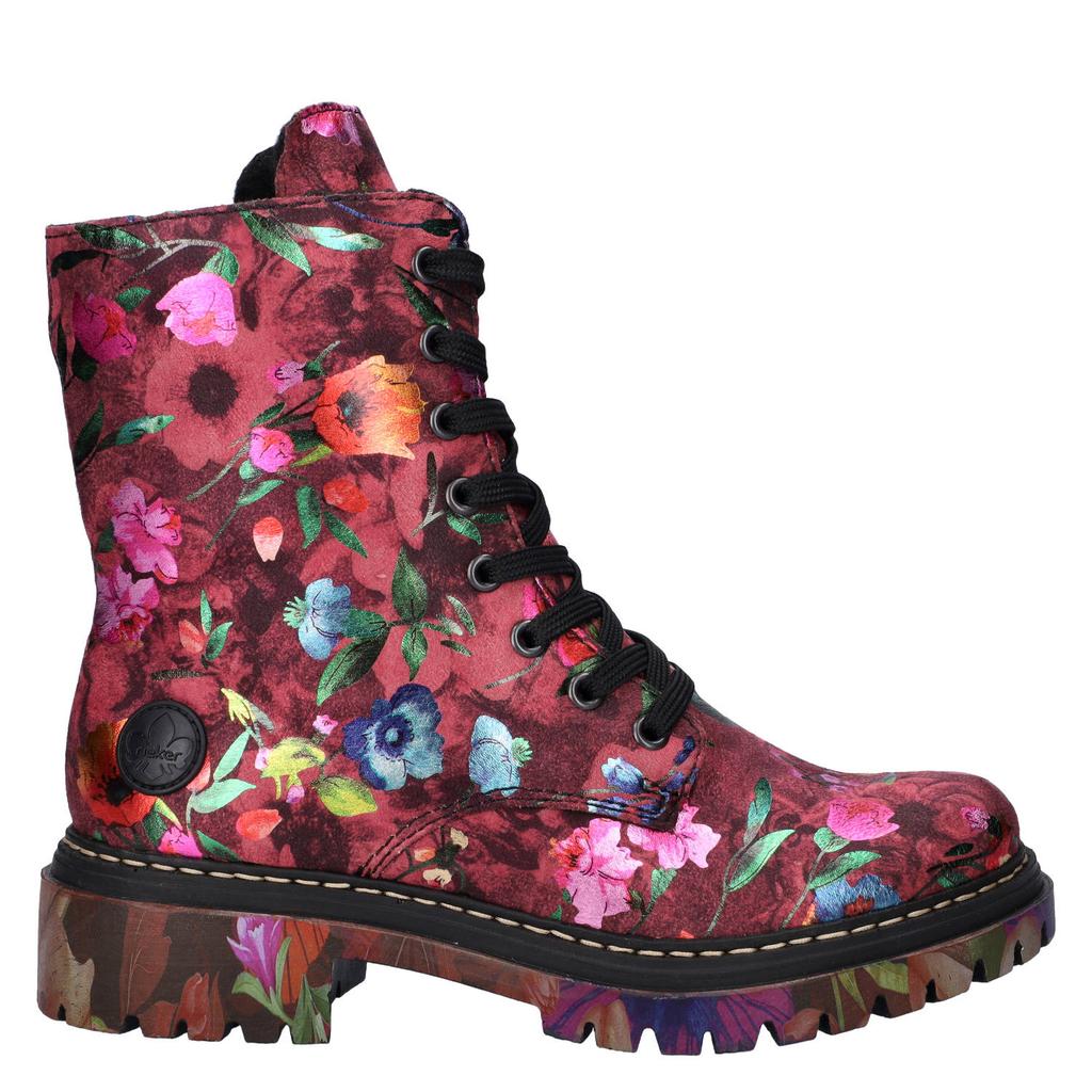 Multikleurige dames Rieker imitatieleren leren veterboots blokhak met rits- en vetersluiting en panterprint