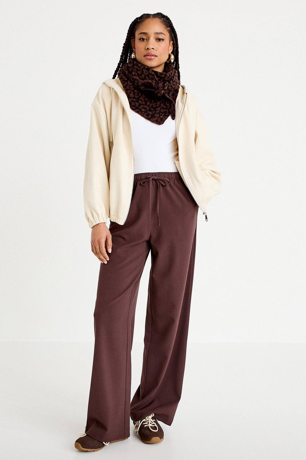Donkerblauwe dames Cache Cache high waist broek van polyester met loose fit, elastische tailleband met koord en effen