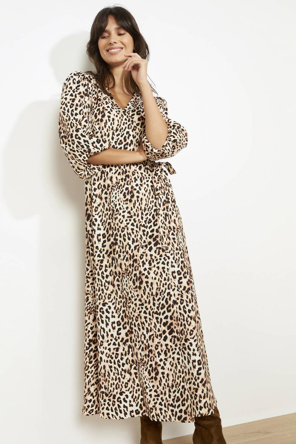 Beige en bruine dames LOLALIZA A-lijn jurk van polyester met dierenprint, half lange mouwen en overslagkraag