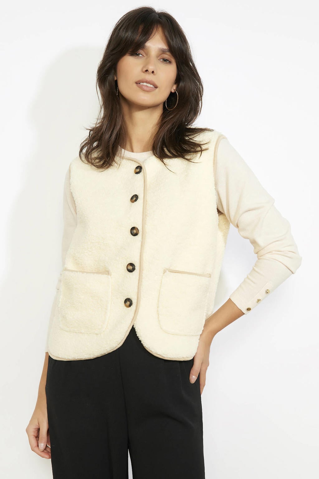 Ecru dames LOLALIZA teddy gilet met effen en ronde hals