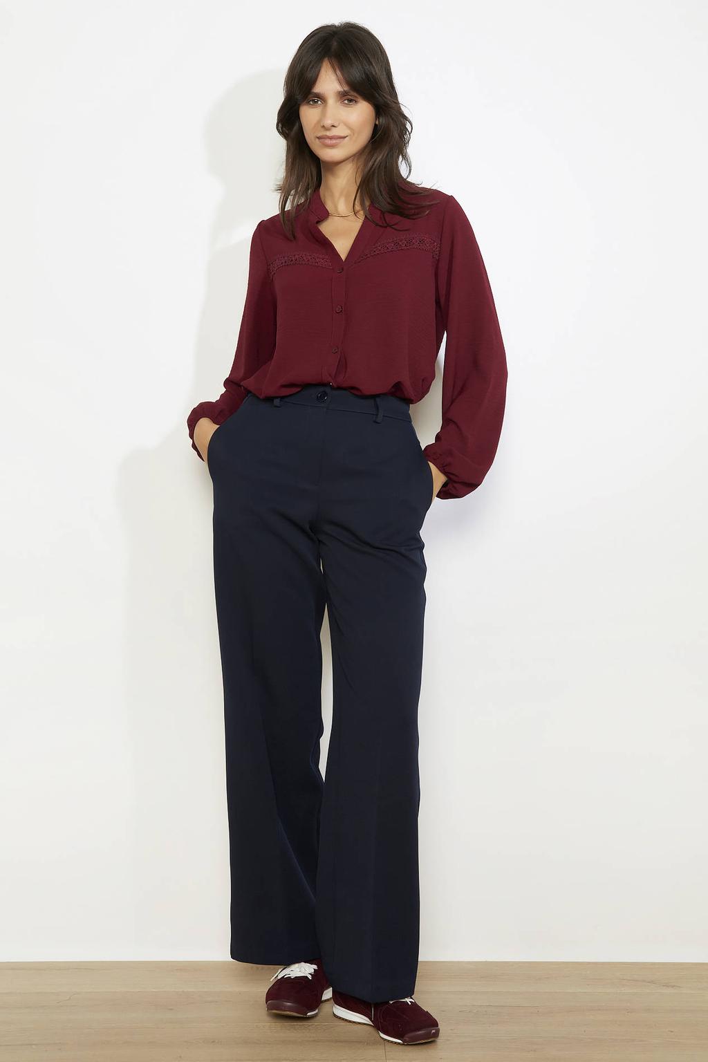Donkerrode dames LOLALIZA blouse van polyester met effen, lange mouwen, klassieke kraag en knoopsluiting