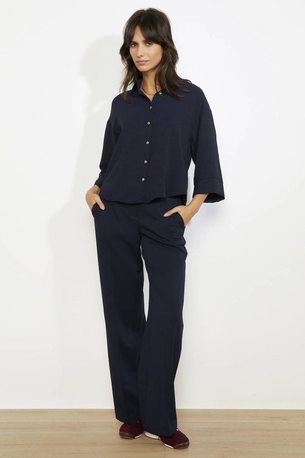 Marineblauw dames LOLALIZA blouse blauw van polyester met effen, driekwart mouwen, klassieke kraag en knoopsluiting