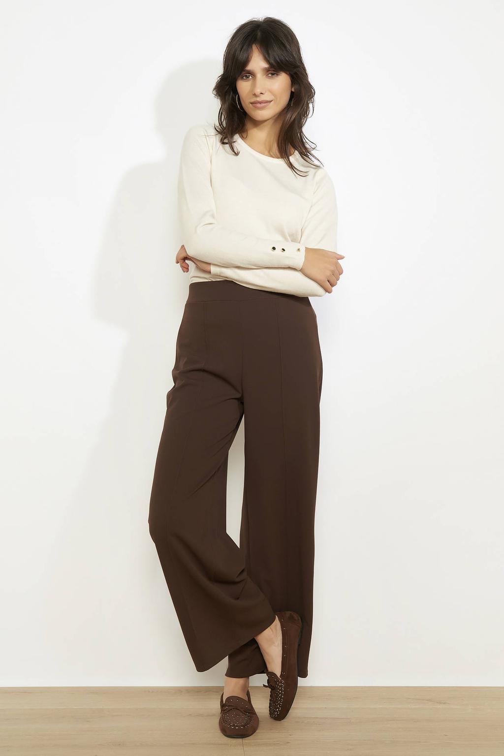 Donkerblauwe dames LOLALIZA wide leg regular waist broek met effen