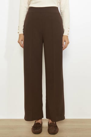 wide leg regular waist broek donkerbruin