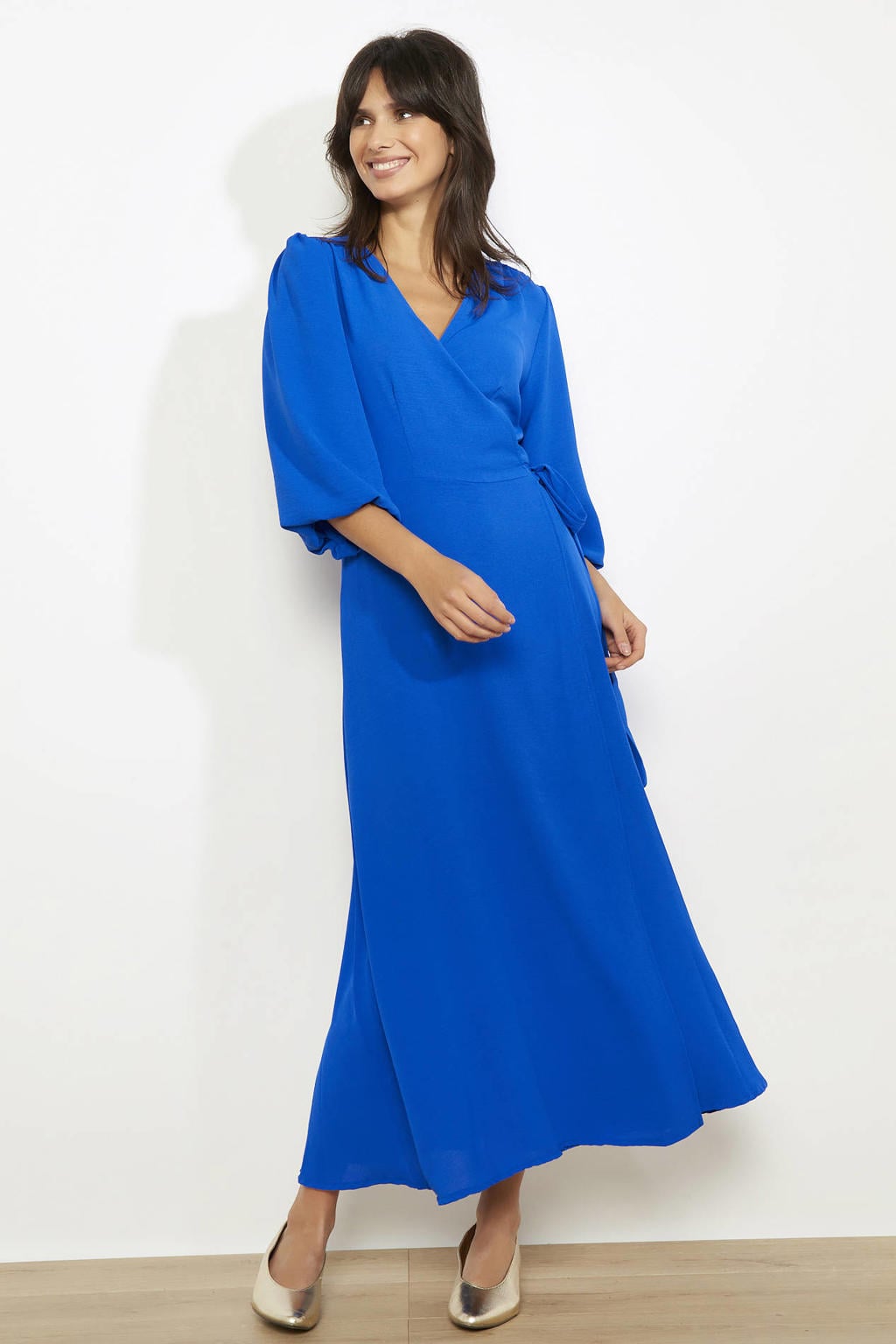 Blauwe dames LOLALIZA A-lijn jurk van viscose met effen, half lange mouwen, overslagkraag en knoopsluiting