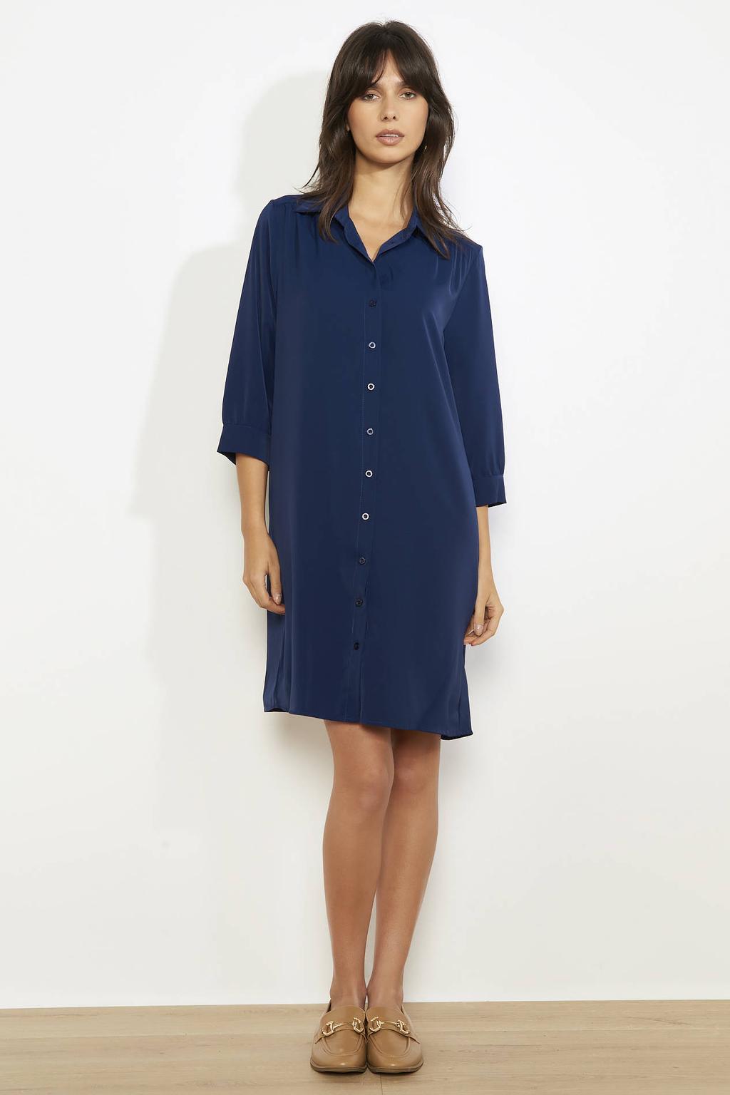 Donkerblauwe dames LOLALIZA blousejurk van polyester met effen, driekwart mouwen, klassieke kraag, knoopsluiting en ceintuur