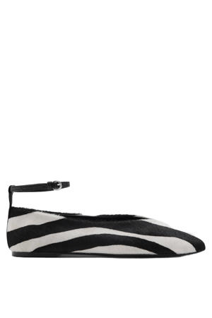 leren ballerina's met ponyhair en zebraprint zwart/wit