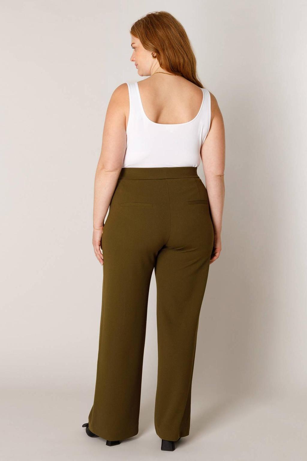 Olijfgroene dames Base Level Curvy straight high waist broek van polyester met elastische tailleband en effen