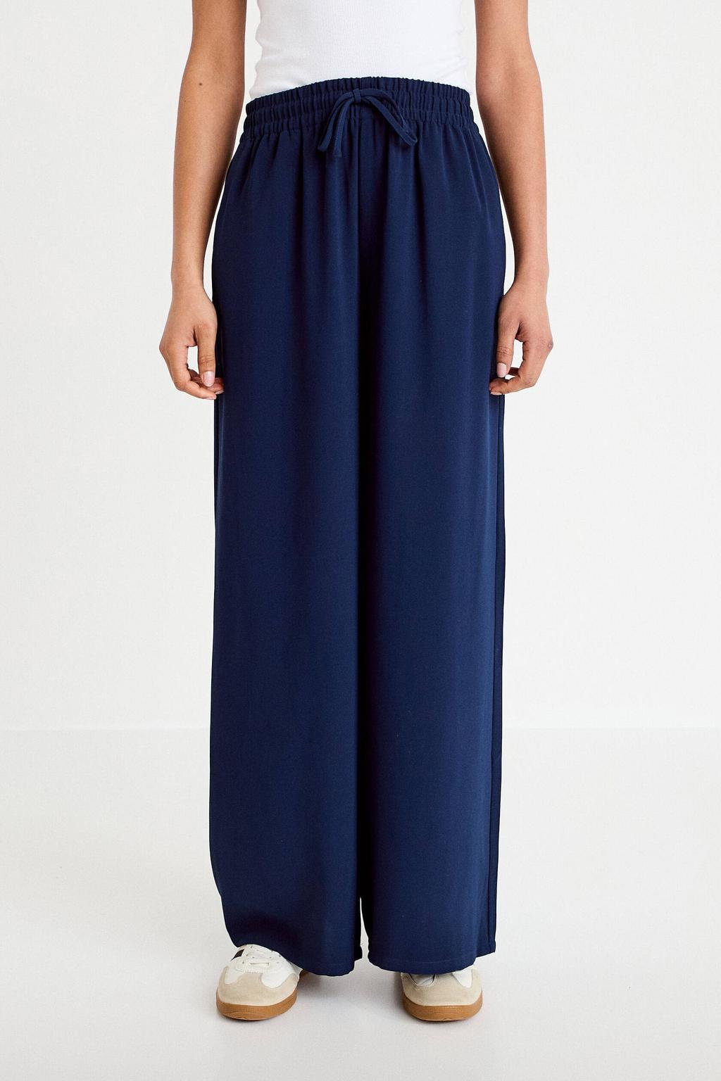 Marineblauw dames Cache Cache wide leg high waist casual broek blauw met elastische tailleband met koord en effen