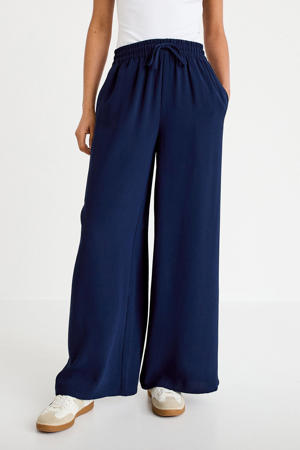 wide leg high waist casual broek marineblauw