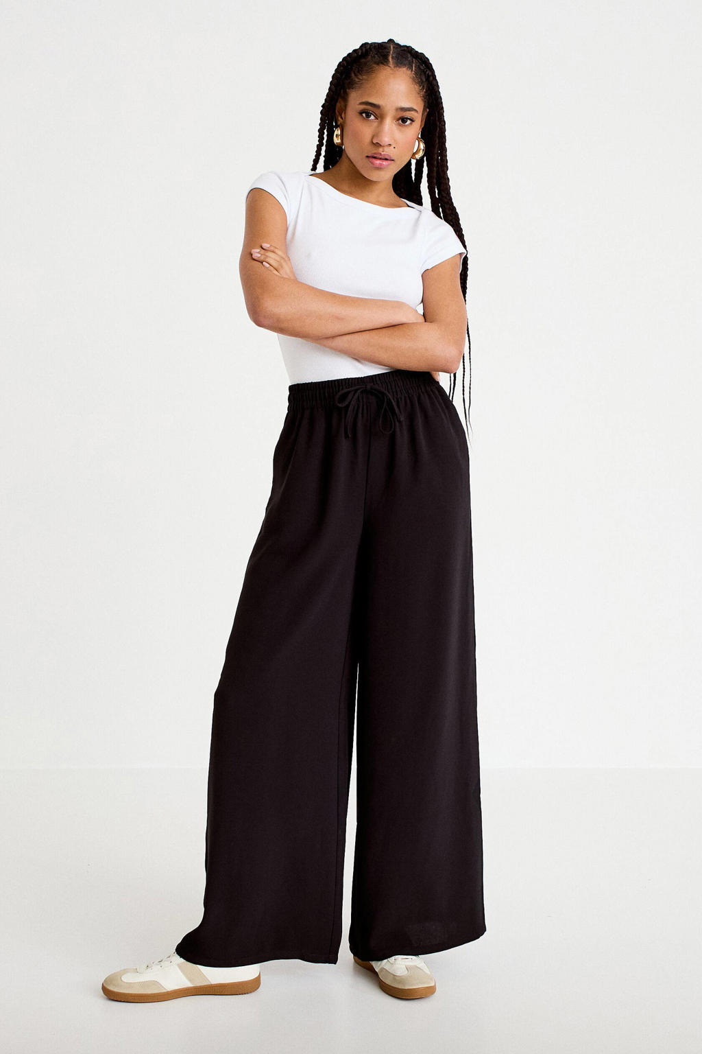 Zwarte dames Cache Cache wide leg high waist casual broek met elastische tailleband met koord en effen