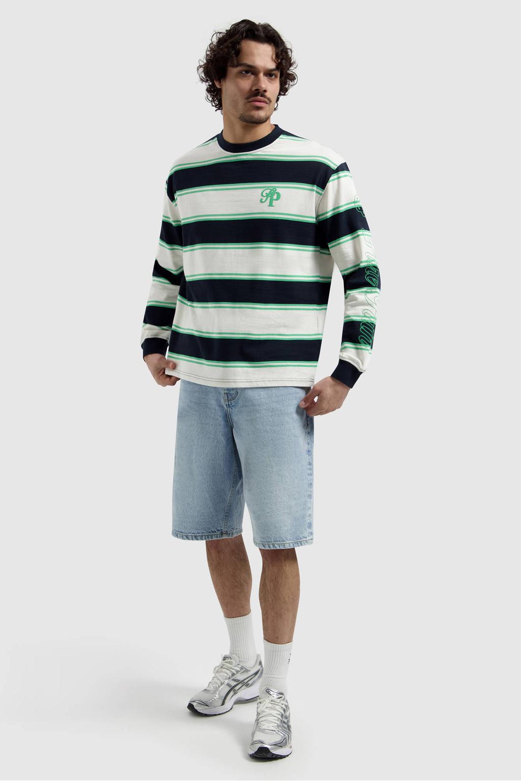 Groene heren Pure Path gestreepte longsleeve van katoen met lange mouwen en ronde hals