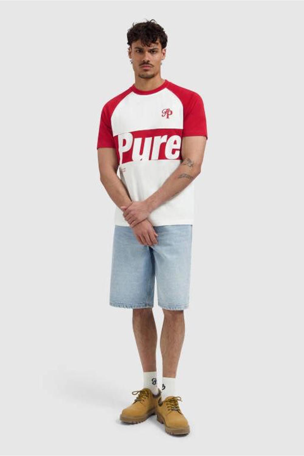 Ecru heren Pure Path regular T-shirt van katoen met printopdruk, korte mouwen en ronde hals