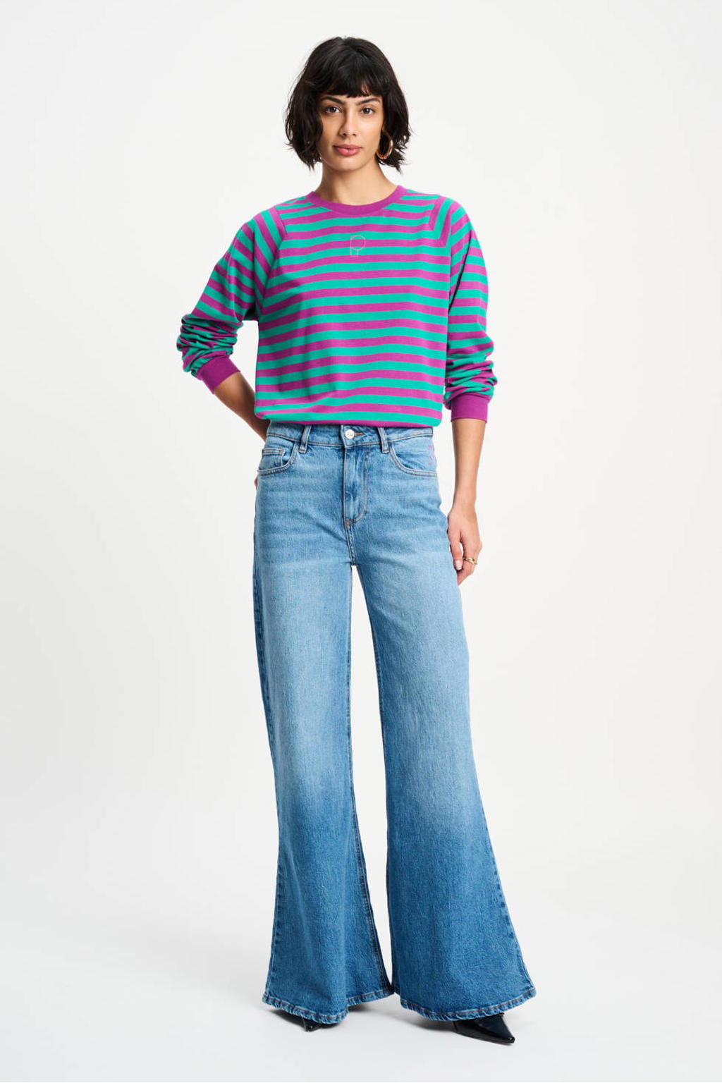 Paars en groene dames POM Amsterdam gestreepte longsleeve van katoen met lange mouwen en ronde hals