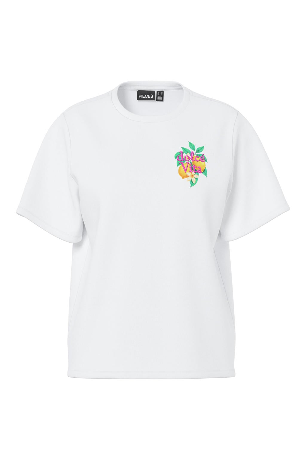Witte dames PIECES T-shirt van katoen met backprint, korte mouwen en ronde hals