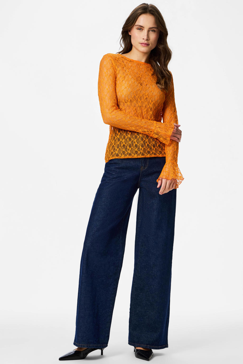 Oranje dames PIECES kanten gebloemde top met lange mouwen en ronde hals