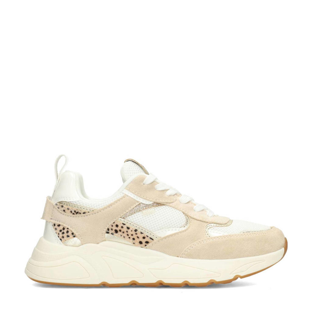 Beige dames POSH by Poelman Caro chunky sneakers van suède en textiel met veters