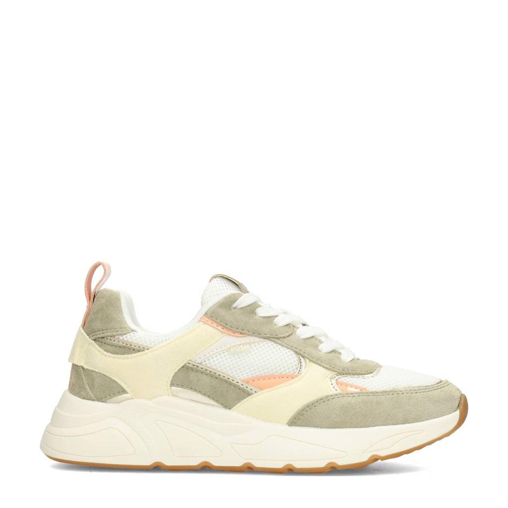 Kakikleurige dames POSH by Poelman Caro chunky sneakers van suède en textiel met veters