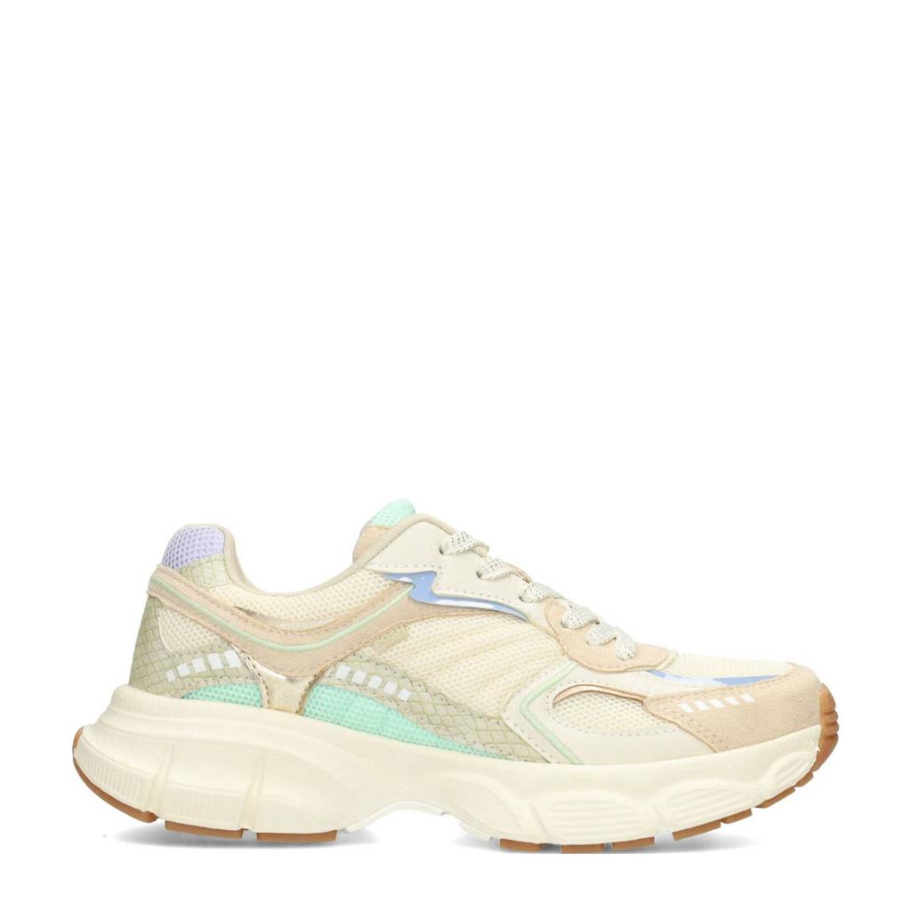 Ecru dames POSH by Poelman Lise chunky sneakers van textiel en imitatieleer met veters