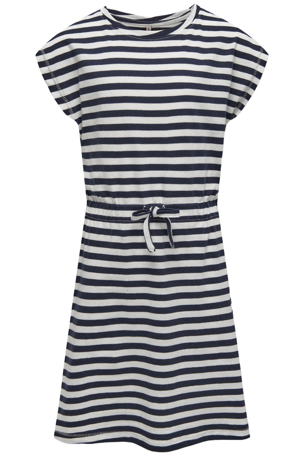 Donkerblauw en witte meisjes KIDS ONLY MINI gestreepte midi jurk van katoen met korte mouwen, ronde hals en trekkoorden