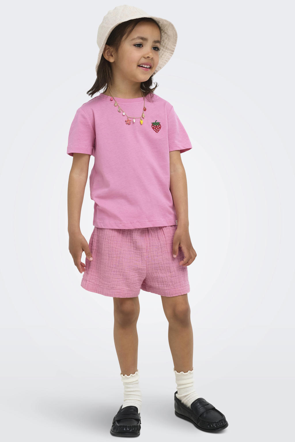 Roze meisjes KIDS ONLY MINI T-shirt van katoen met printopdruk, korte mouwen, ronde hals en borduursels