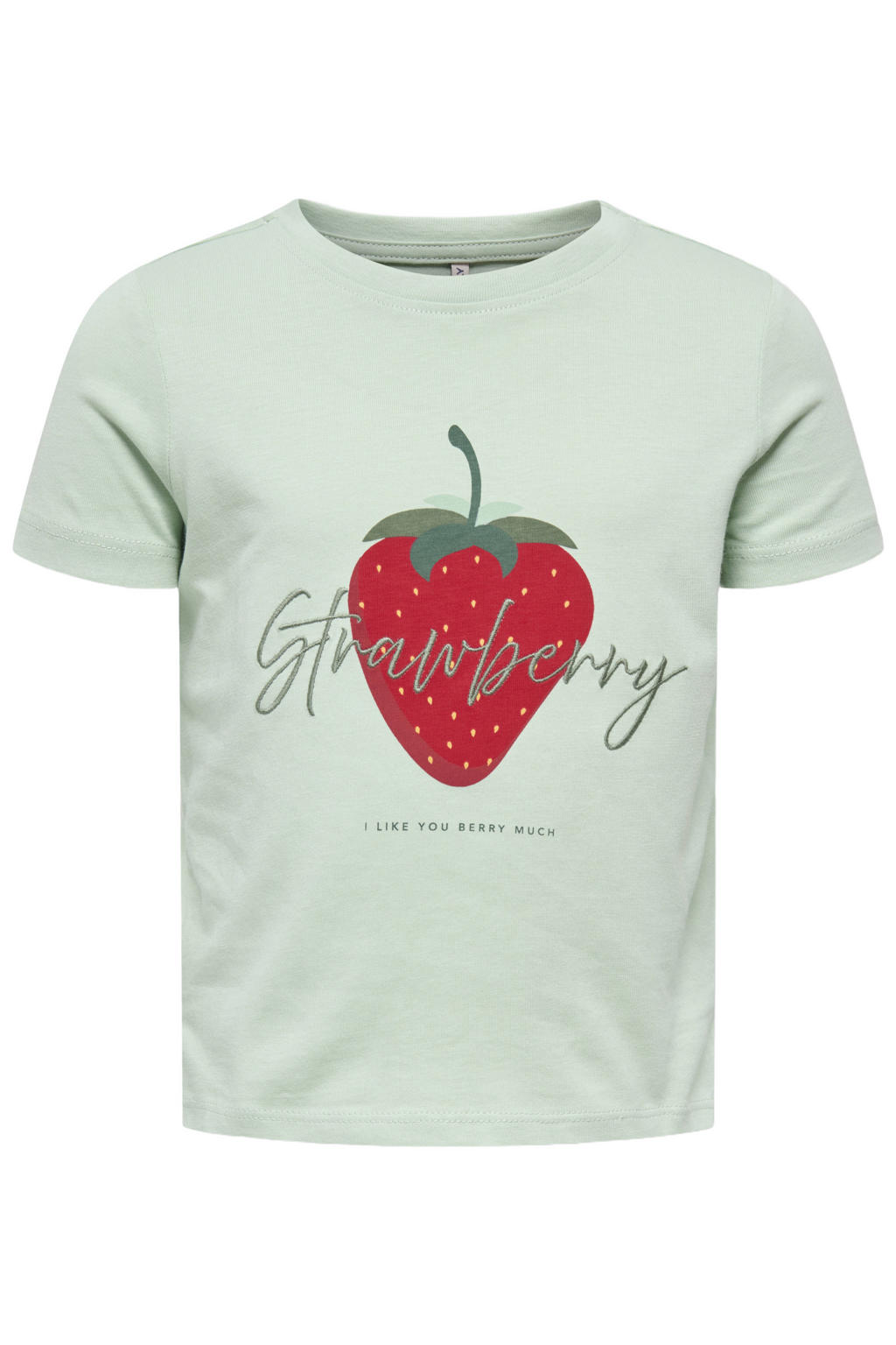 Lichtgroene meisjes KIDS ONLY MINI T-shirt van katoen met printopdruk, korte mouwen, ronde hals en borduursels