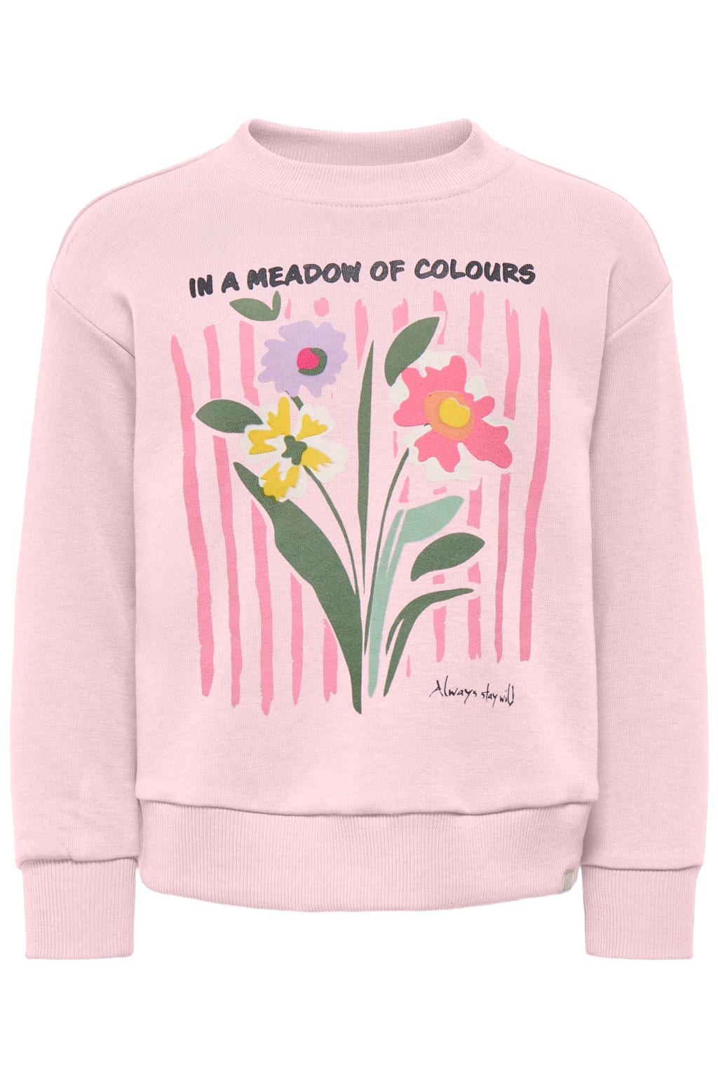 Lichtroze meisjes KIDS ONLY MINI sweater met printopdruk, lange mouwen, ronde hals en geribde boorden