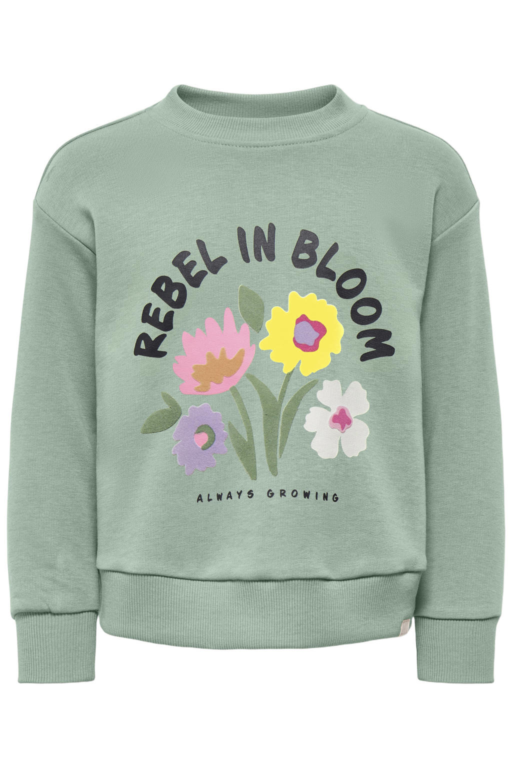 Lichtgroene meisjes KIDS ONLY MINI sweater met printopdruk, lange mouwen, ronde hals en geribde boorden