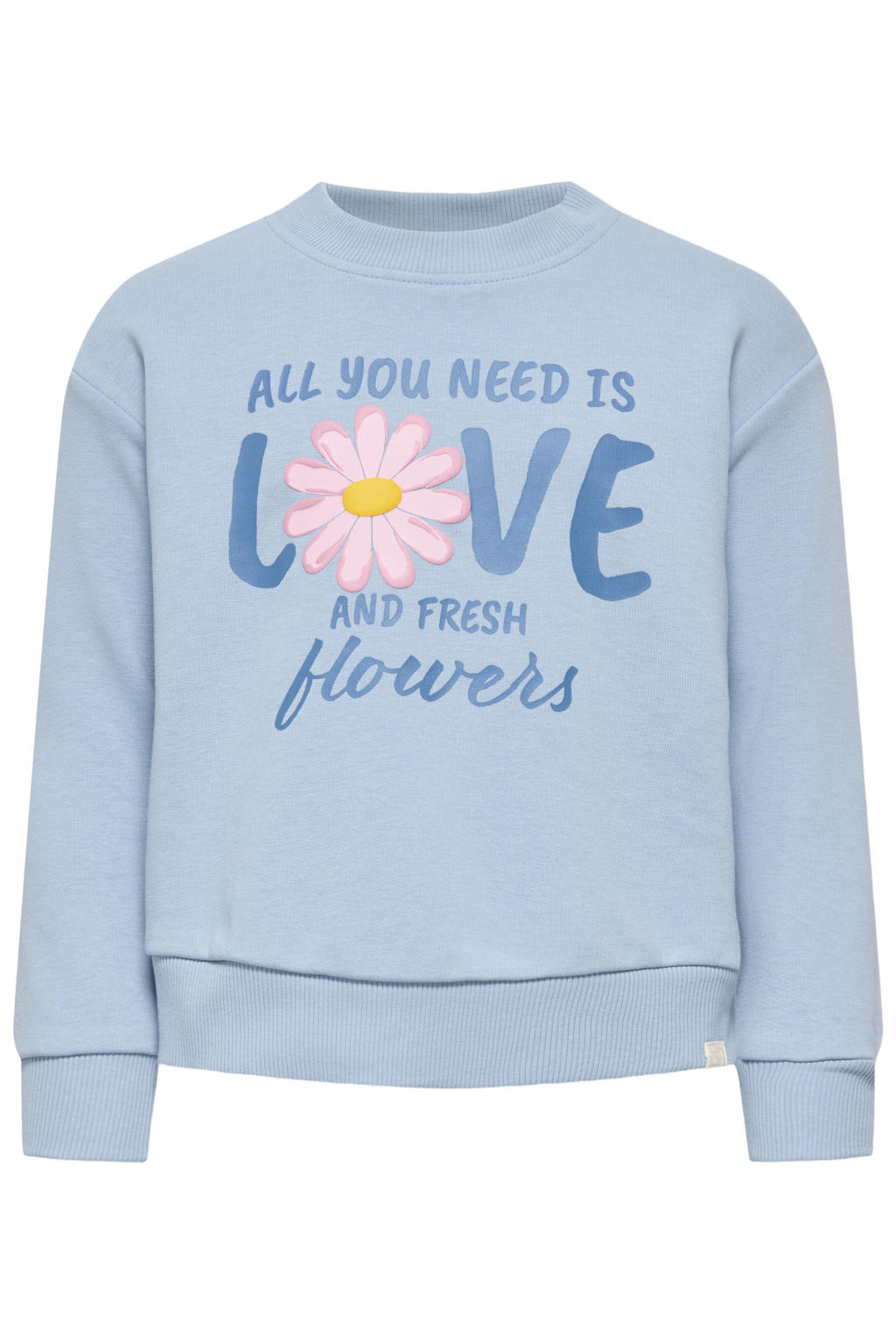 Lichtblauwe meisjes KIDS ONLY MINI sweater met backprint, lange mouwen, ronde hals en geribde boorden
