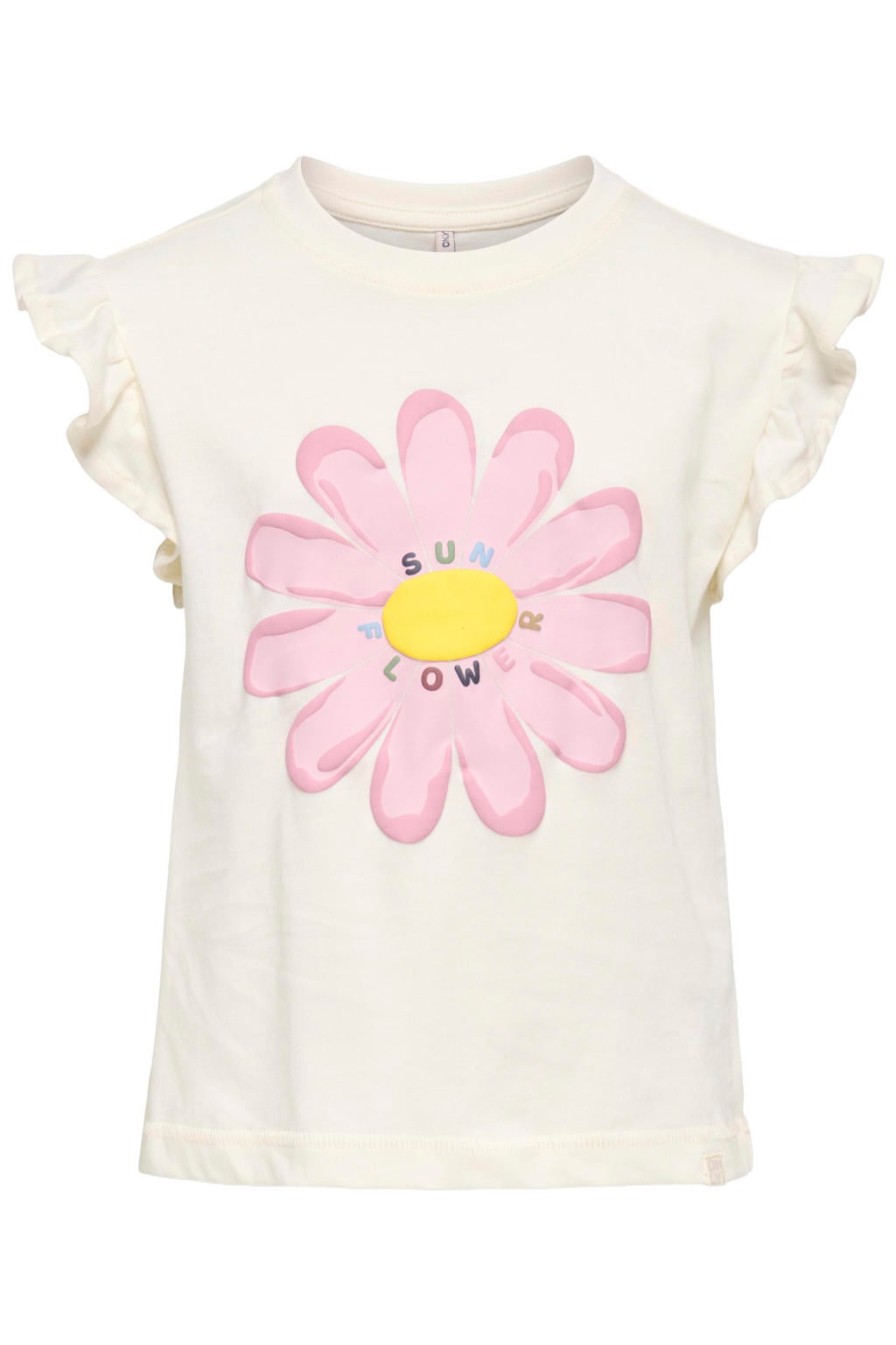 Ecru meisjes KIDS ONLY MINI T-shirt van katoen met printopdruk, korte mouwen, ronde hals en ruches