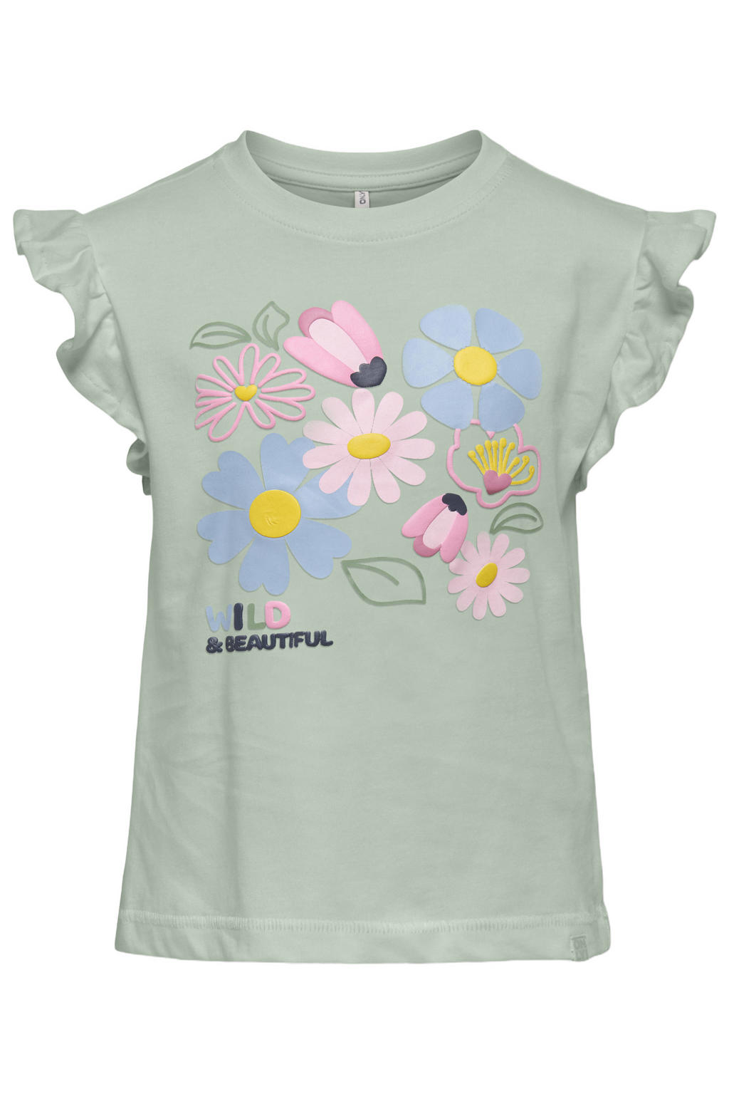 Lichtgroene meisjes KIDS ONLY MINI T-shirt van katoen met printopdruk, korte mouwen, ronde hals en ruches