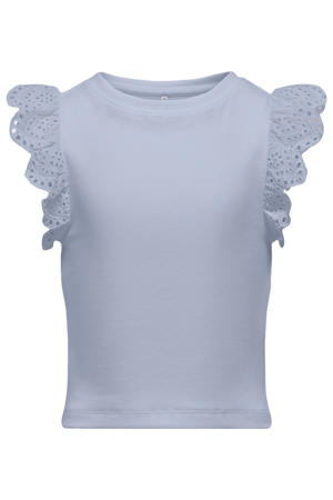 mouwloze top met broderie lichtblauw