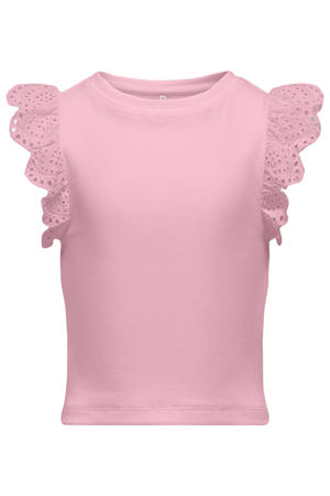 mouwloze top met broderie roze
