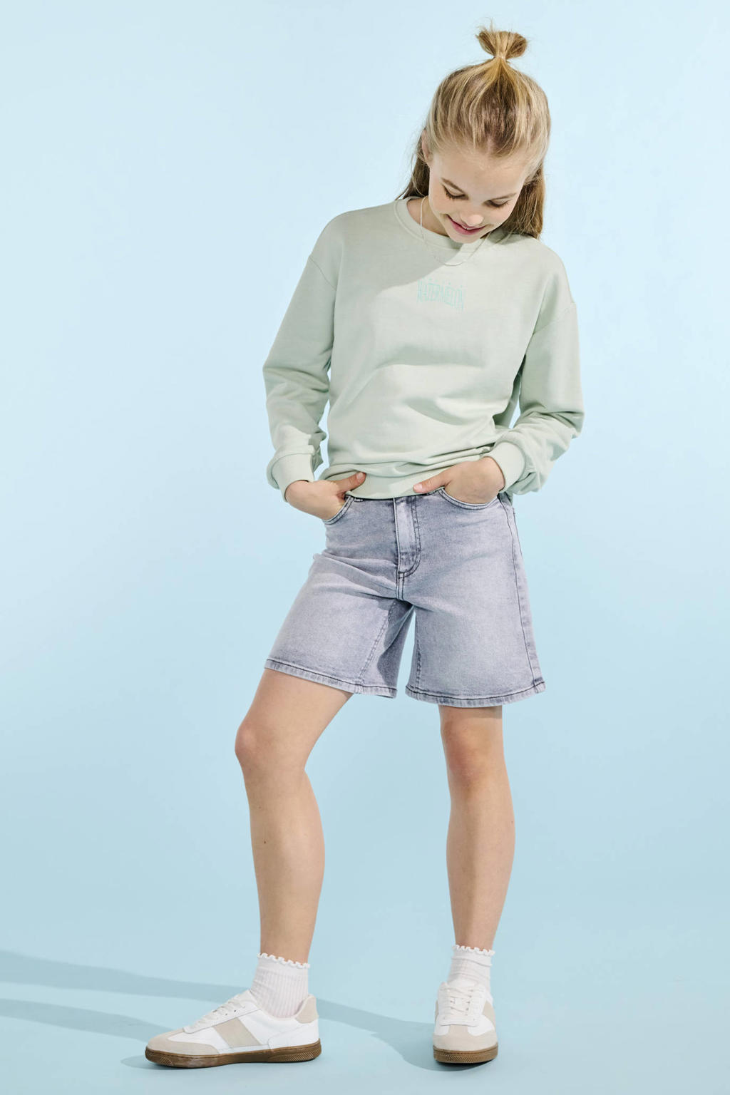 Mintgroene meisjes KIDS ONLY GIRL sweater met backprint, lange mouwen, ronde hals en geribde boorden