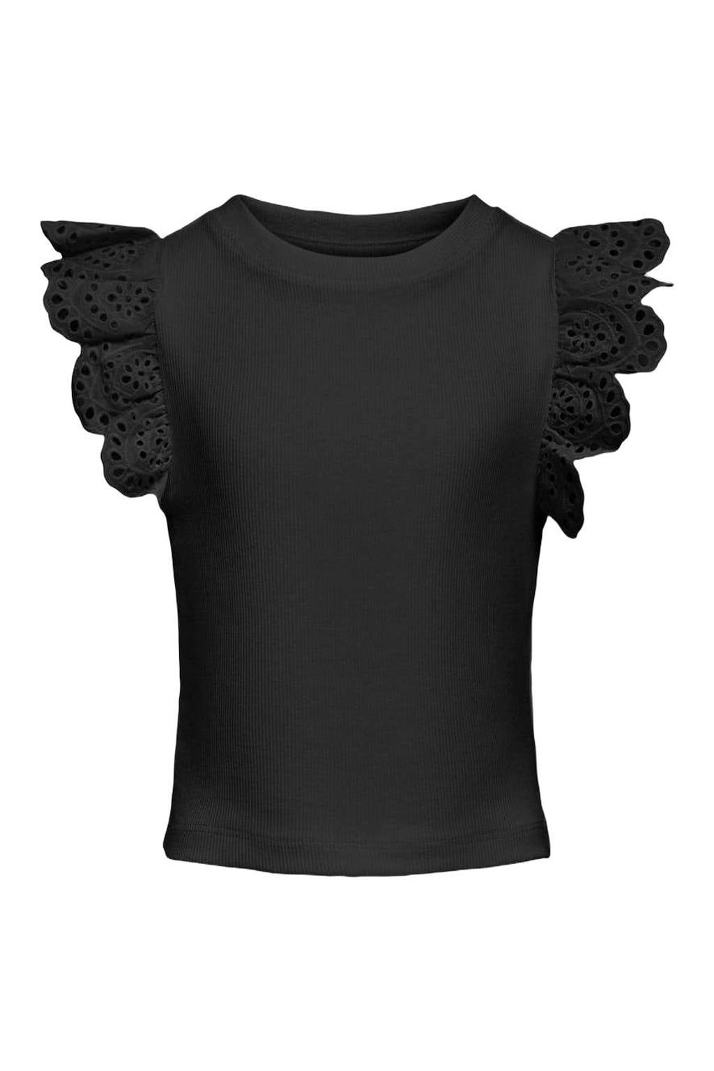 Zwarte meisjes KIDS ONLY GIRL mouwloze top met effen, korte mouwen, ronde hals en broderie