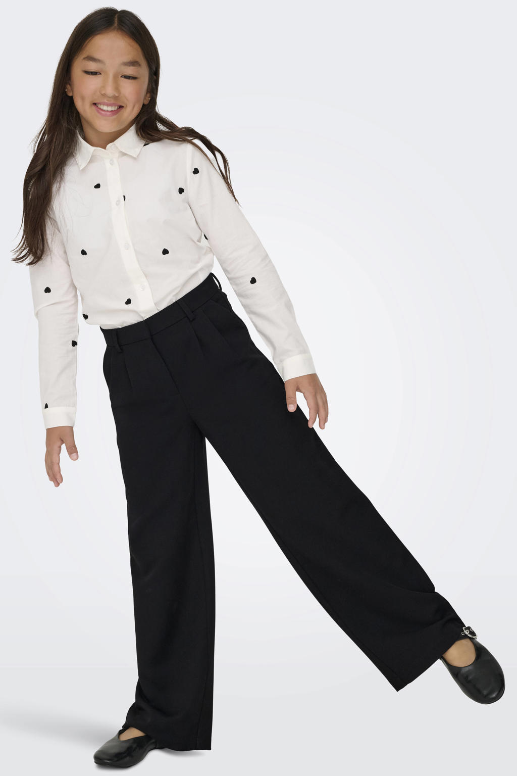 Zwarte meisjes KIDS ONLY GIRL wide leg pantalon met rits- en knoopsluiting en effen