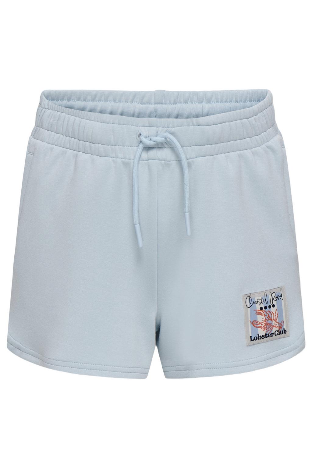 Lichtblauwe meisjes KIDS ONLY GIRL loose sweatshort met elastische tailleband met koord en printopdruk