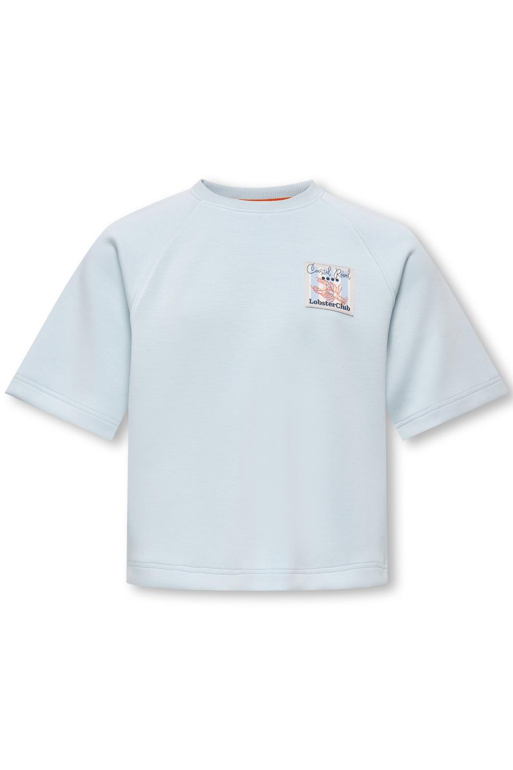 Lichtblauwe meisjes KIDS ONLY GIRL T-shirt van sweat materiaal met printopdruk, korte mouwen en ronde hals