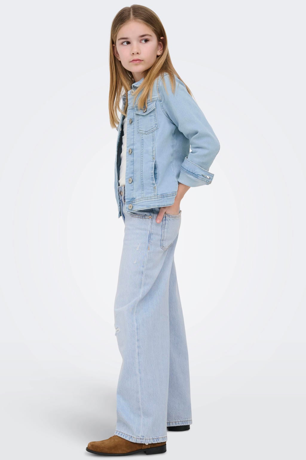Light blue denim meisjes KIDS ONLY GIRL wide leg jeans van denim met rits- en haaksluiting en effen