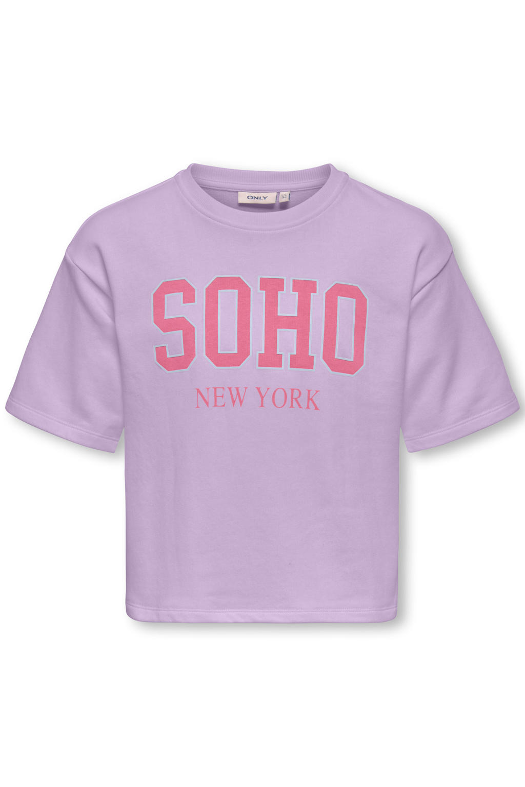 Paars en roze meisjes KIDS ONLY GIRL T-shirt van sweat materiaal met tekst print, korte mouwen en ronde hals