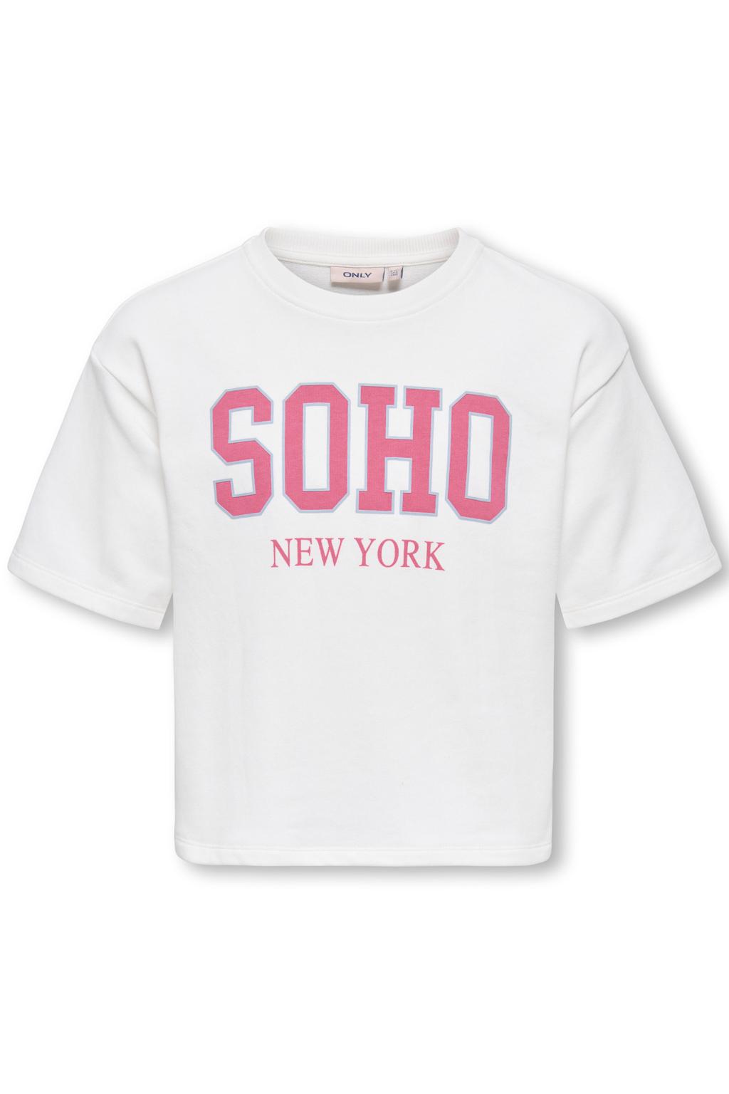 Wit en roze meisjes KIDS ONLY GIRL T-shirt van sweat materiaal met tekst print, korte mouwen en ronde hals